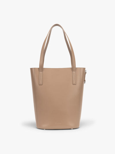 CALPAK Haven 14 inch Laptop Bucket Bag in beige Taupe front view; ABU2501-TAUPE