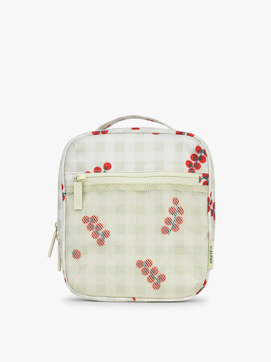 CALPAK Everything Cube inlight and green gingham pattern with tomato print; ACE2401-CELADON-TOMATO-PICNIC