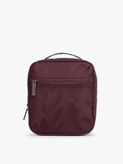 Dark burgundy Dark Cherry color of the CALPAK Everything Cube organizer with a top handle, a front zippered pocket, and a textured mesh lower panel, shown against a plain white background; ACE2401-DARK-CHERRY