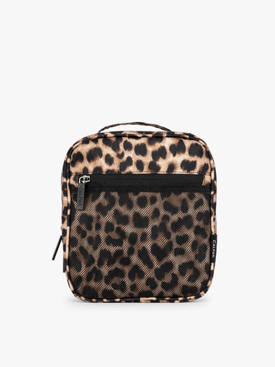 Leopard print in Leopard the CALPAK Everything Cube organizer with a top handle, a front zippered pocket, and a textured mesh lower panel, shown against a plain white background; ACE2401-LEOPARD