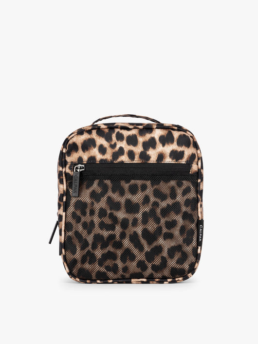 Leopard print in Leopard the CALPAK Everything Cube organizer with a top handle, a front zippered pocket, and a textured mesh lower panel, shown against a plain white background; ACE2401-LEOPARD