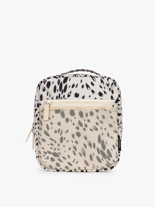 White with black leopard print in Snow Leopard the CALPAK Everything Cube organizer with a top handle, a front zippered pocket, and a textured mesh lower panel, shown against a plain white background; ACE2401-SNOW-LEOPARD