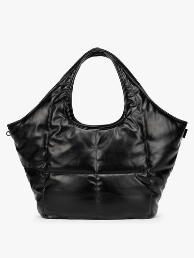Black quilted puffer CALPAK Luka Everything Tote Bag with a smooth finish and double shoulder straps, shown against a plain white background; AET2601-BLACK-PU