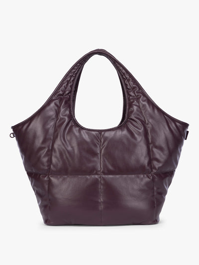 Dark Cherry quilted puffer CALPAK Luka Everything Tote Bag with a smooth finish and double shoulder straps, shown against a plain white background; AET2601-DARK-CHERRY-PU