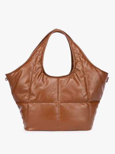 Honey Brown quilted puffer CALPAK Luka Everything Tote Bag with a smooth finish and double shoulder straps, shown against a plain white background; AET2601-HONEY-BROWN-PU