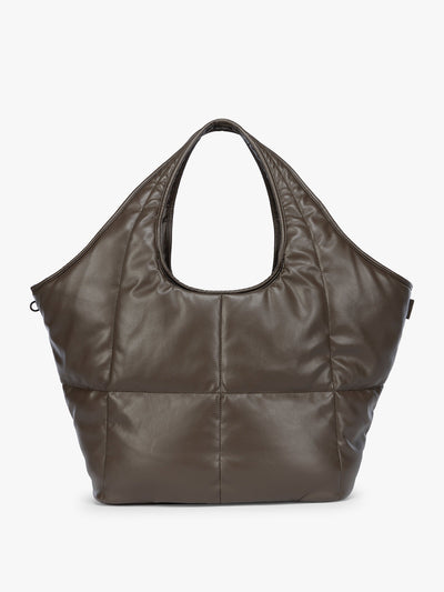 Mushroom brown quilted puffer CALPAK Luka Everything Tote Bag with a smooth finish and double shoulder straps, shown against a plain white background; AET2601-MUSHROOM-PU