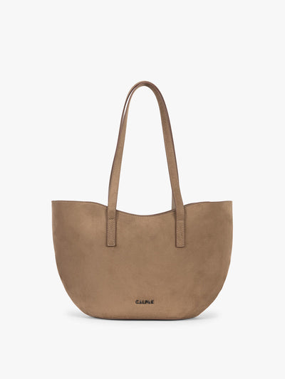 CALPAK Haven Tulip Tote in Truffle Suede taupe brown tote bag with dual shoulder straps against a plain white background; AHP2601-TRUFFLE-FAUX-SUEDE