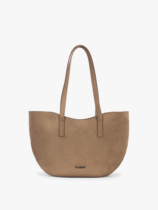 CALPAK Haven Tulip Tote in Truffle Suede taupe brown tote bag with dual shoulder straps against a plain white background; AHP2601-TRUFFLE-FAUX-SUEDE