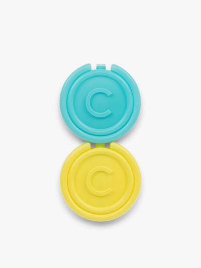 CALPAK circular Ice Packs that comes in a set of 2 in blue and yellow with letter C initial in the middle; AIP2501-AQUA-YELLOW