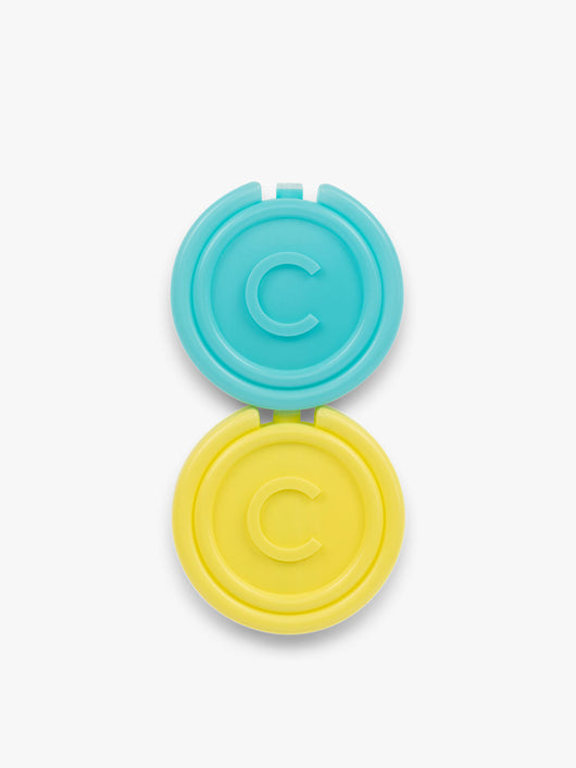 CALPAK circular Ice Packs that comes in a set of 2 in blue and yellow with letter C initial in the middle; AIP2501-AQUA-YELLOW