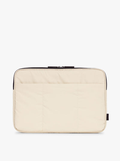 CALPAK Luka 17-in Padded Laptop Sleeve in creamy white Oatmeal with puffy exterior back view; ALD2501-OATMEAL