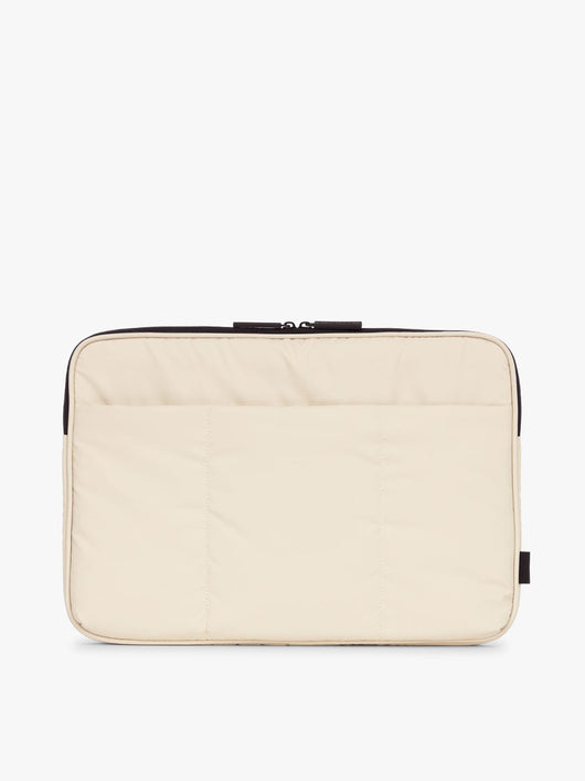CALPAK Luka 17-in Padded Laptop Sleeve in creamy white Oatmeal with puffy exterior back view; ALD2501-OATMEAL