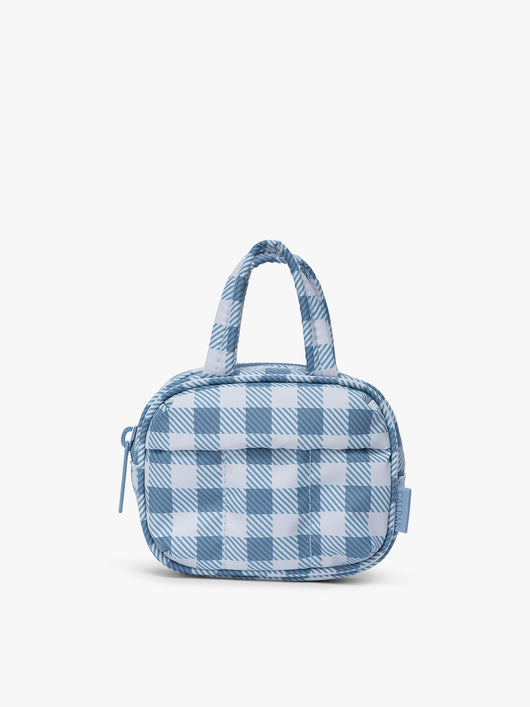 CALPAK Luka Duffel Zip Bag Charm in white and blue gingham print in French Blue Gingham; ALK2501-FRENCH-BLUE-GINGHAM