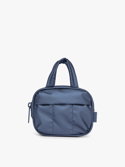 CALPAK Luka Duffel Zip Bag Charm in dark blue metallic material in Metallic Indigo; ALK2501-METALLIC-INDIGO