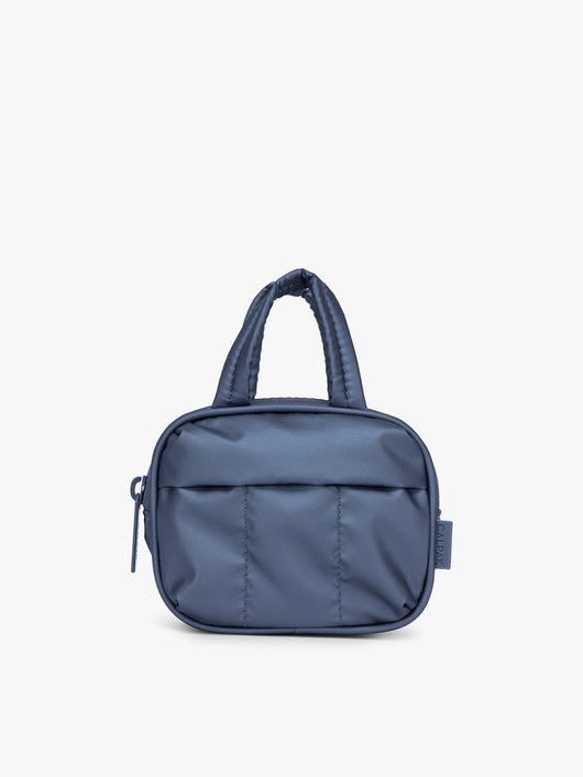 CALPAK Luka Duffel Zip Bag Charm in dark blue metallic material in Metallic Indigo; ALK2501-METALLIC-INDIGO