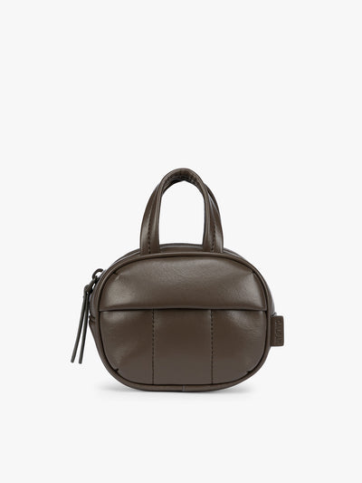 A dark brown Mushroom vegan leather top-handle CALPAK Luka Zip Bag Charm with a zippered front pocket and a small side strap, shown against a plain white background; ALK2501-MUSHROOM-PU