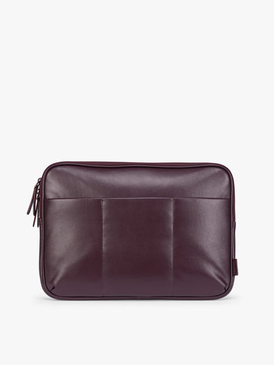 Deep burgundy Dark Cherry vegan leather CALPAK Luka 14in Laptop Sleeve with a zippered top and a front pocket, shown against a plain white background; ALL2401-DARK-CHERRY-PU