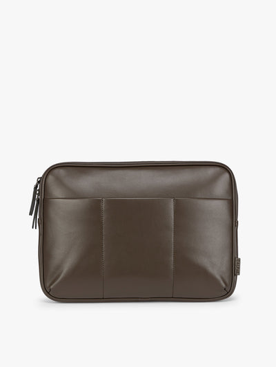 Dark brown Mushroom vegan leather CALPAK Luka 14in Laptop Sleeve with a zippered top and a front pocket, shown against a plain white background; ALL2401-MUSHROOM-PU