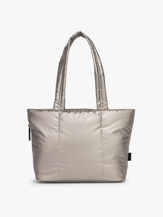 CALPAK Luka Mini Tote in metallic Gumetal grey a white background; ALM2401-GUNMETAL