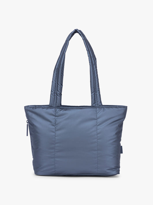 CALPAK Luka Mini Tote in metallic dark blue material in Metallic Indigo; ALM2401-METALLIC-INDIGO