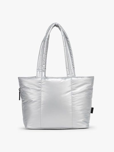 CALPAK Luka Mini Tote in shiny Silver on a white background; ALM2401-SILVER