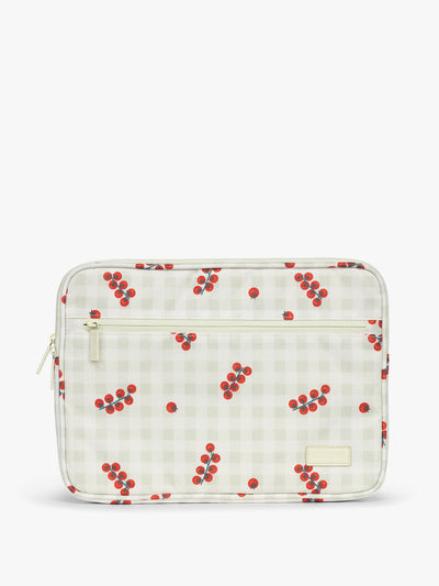 CALPAK 13"-14" Padded Laptop Sleeve in white and green gingham pattern with tomato print; ALP2213-CELADON-TOMATO-PICNIC