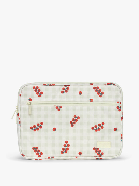 CALPAK 13"-14" Padded Laptop Sleeve in white and green gingham pattern with tomato print; ALP2213-CELADON-TOMATO-PICNIC