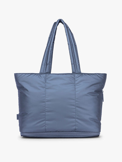 CALPAK Luka Expandable Tote in dark blue metallic material in Metallic Indigo; ALT2201-METALLIC-INDIGO