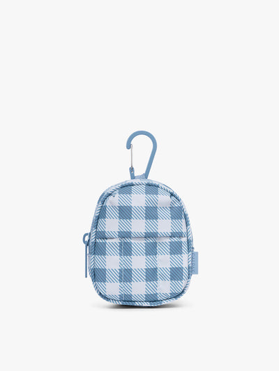CALPAK Luka Backpack Zip Bag Charm in white and blue gingham print; AMB2201-FRENCH-BLUE-GINGHAM