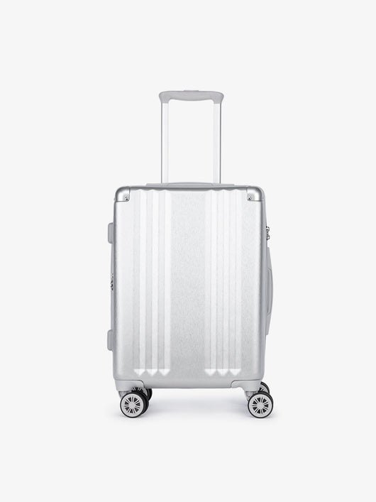 Studio product shot of front-facing lightweight silver CALPAK Ambeur 22-inch hardside rolling spinner carry-on luggage; LAM1020-SILVER"