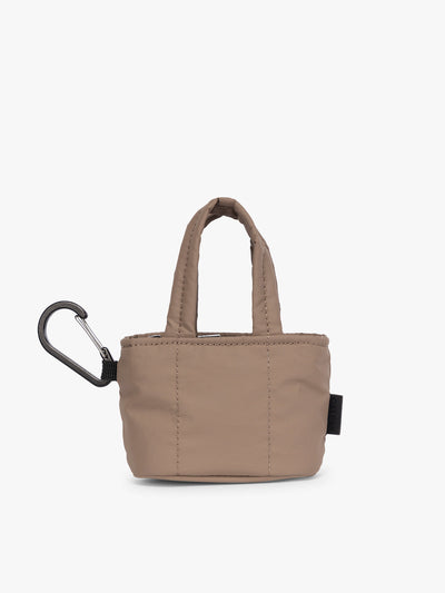 CALPAK Luka Tote Zip Bag Charm in light brown Chocolate with carabiner on a white background; AMT2601-CHOCOLATE