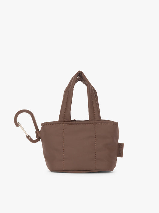 CALPAK Luka Tote Zip Bag Charm in brown Walnut with carabiner; AMT2601-WALNUT