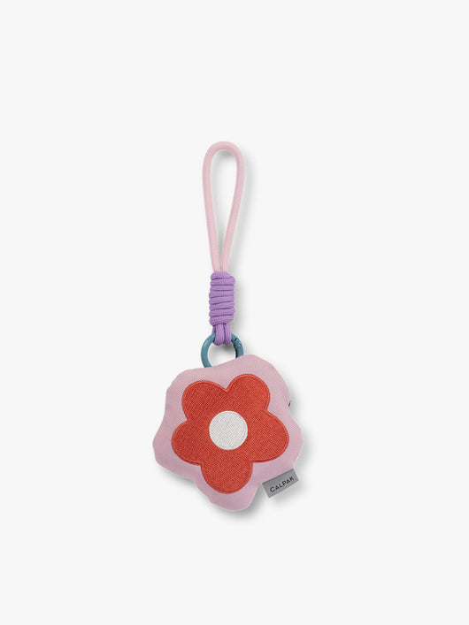 CALPAK Kids Pluffy Bag Charm red Flower on pink plush front view; APLF2501-FLOWER