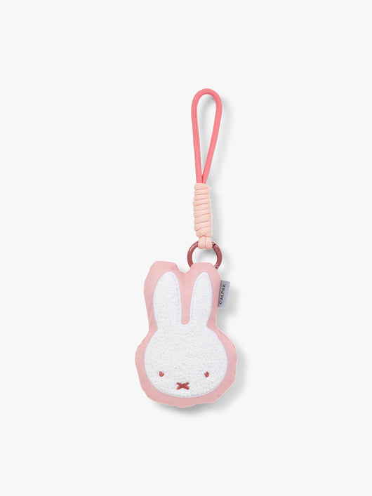 Plush Miffy x CALPAK Pluffy Bag Charm keychain with a pink border and Miffy on a white background; APLF2501-PINK-MIFFY