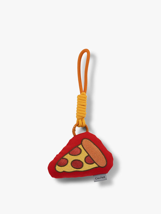 CALPAK Kids Pluffy Bag Charm pepperoni and cheese Pizza on red plush front view; APLF2501-PIZZA