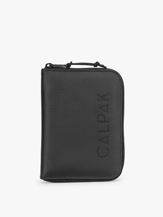 CALPAK Terra Zippered Passport Wallet in black Matte Obsidian front view; ATPW2501-MATTE-OBSIDIAN