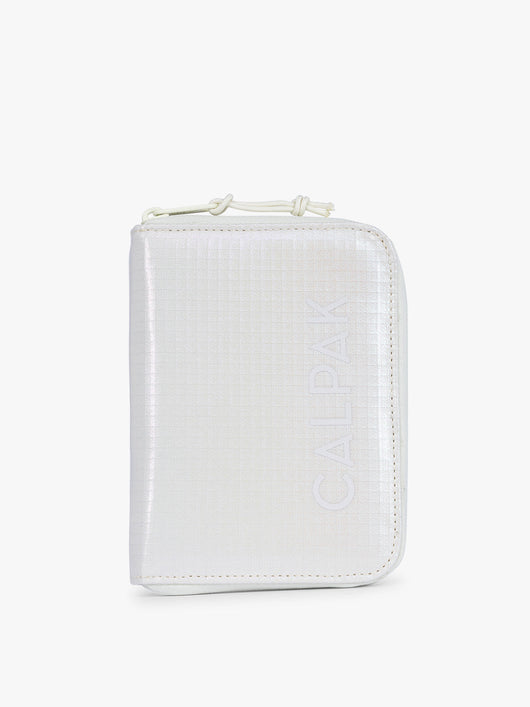 Front side of CALPAK Terra Zip Passport Wallet in shiny white Moonbeam; ATPW2501-MOONBEAM