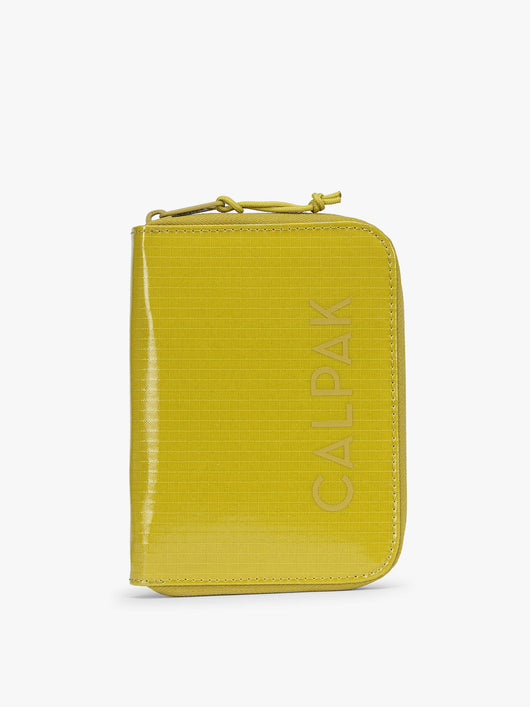  CALPAK Terra Zip Passport Wallet in yellow green Wasabi on a white background; ATPW2501-WASABI