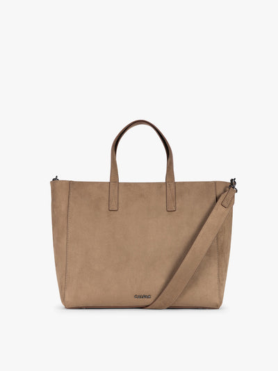 CALPAK Haven 15" Laptop Tote in Truffle Suede taupe with dual top handles and a matching shoulder strap against a plain white background; ATS2501-TRUFFLE-FAUX-SUEDE