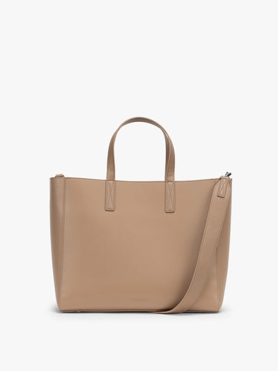 CALPAK Haven 15 inch Laptop Tote in beige Taupe front view; ATS2501-TAUPE