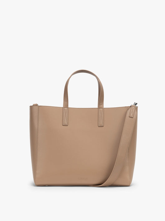 CALPAK Haven 15 inch Laptop Tote in beige Taupe front view; ATS2501-TAUPE
