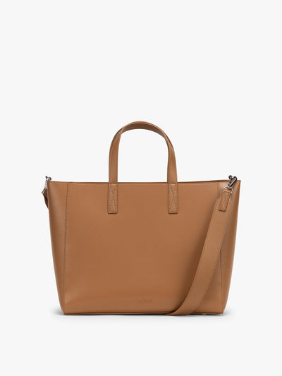 CALPAK Haven 15 inch Laptop Tote in brown Toffee front view with matching strap; ATS2501-TOFFEE