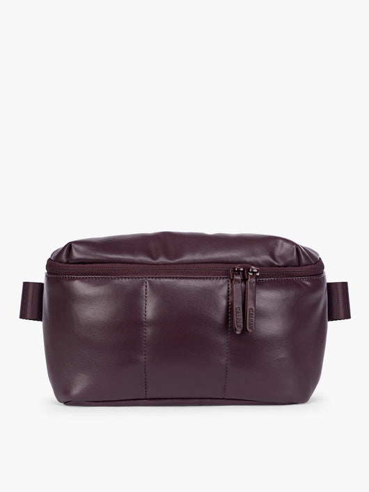 Deep burgundy Dark Cherry vegan leather CALPAK Luka Belt Bag with a zippered front pocket and side straps, shown against a plain white background; BB1901-DARK-CHERRY-PU