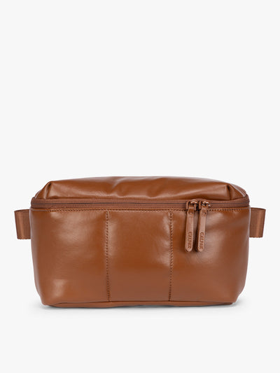 Light Honey Brown Mushroom vegan leather CALPAK Luka Belt Bag with a zippered front pocket and side straps, shown against a plain white background; BB1901-HONEY-BROWN-PU
