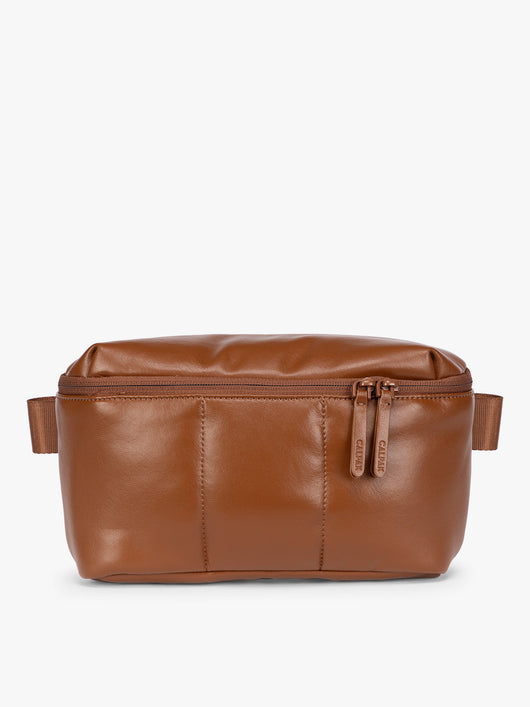 Light Honey Brown Mushroom vegan leather CALPAK Luka Belt Bag with a zippered front pocket and side straps, shown against a plain white background; BB1901-HONEY-BROWN-PU