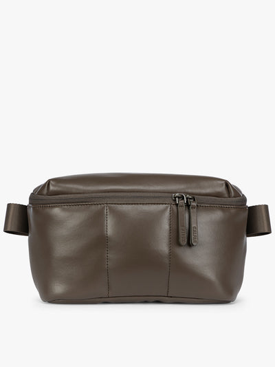Dark brown Mushroom vegan leather CALPAK Luka Belt Bag with a zippered front pocket and side straps, shown against a plain white background; BB1901-MUSHROOM-PU