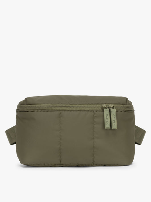 CALPAK Luka Belt Bag in dark green Pine front view; BB1901-PINE
