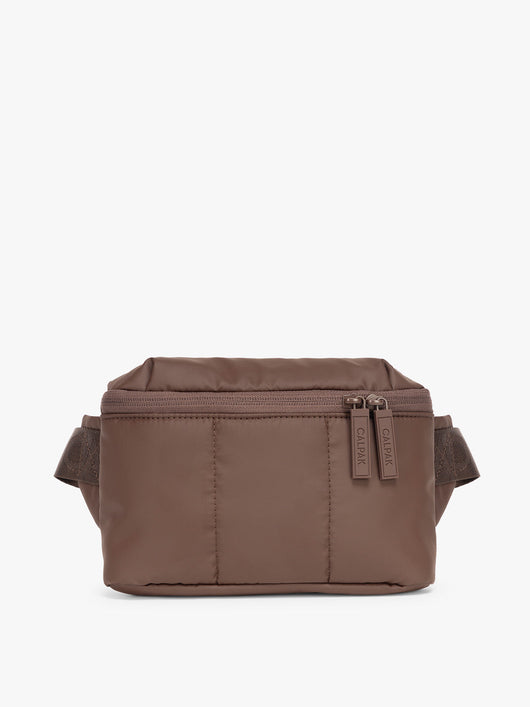 CALPAK Luka Mini Belt Bag in brown Walnut on white background; BBM2201-WALNUT
