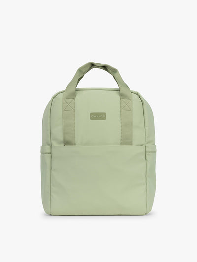 CALPAK Connect Laptop Backpack in light green Meadow front view on a white background; BCN2401-MEADOW