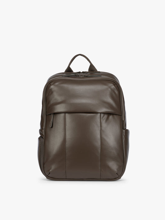 CALPAK Mushroom brown Luka 15 inch Laptop Backpack in vegan leather with a glossy finish, featuring a top carry handle, a main zippered compartment, and a front slip pocket, shown against a plain white background; BPL2001-MUSHROOM-PU